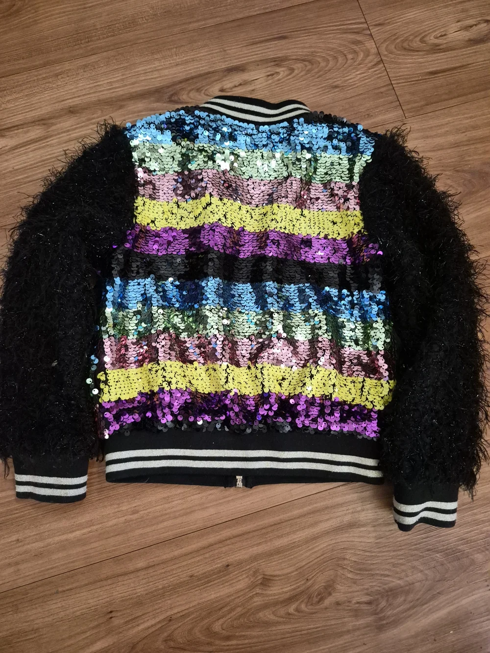Hannah Banana Black Sequined Bomber Jacket Chevron Sequins Furry Sleeves